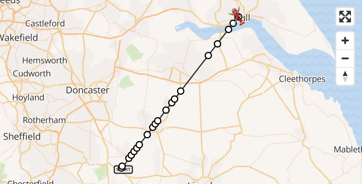 Flight path map showing Air Ambulance Helicopter route from Retford Gamston Airport to Hull Royal Infirmary