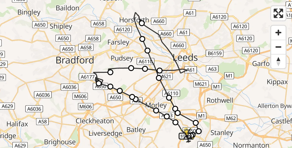 Flight path map showing Police Helicopter route from East Ardsley to East Ardsley
