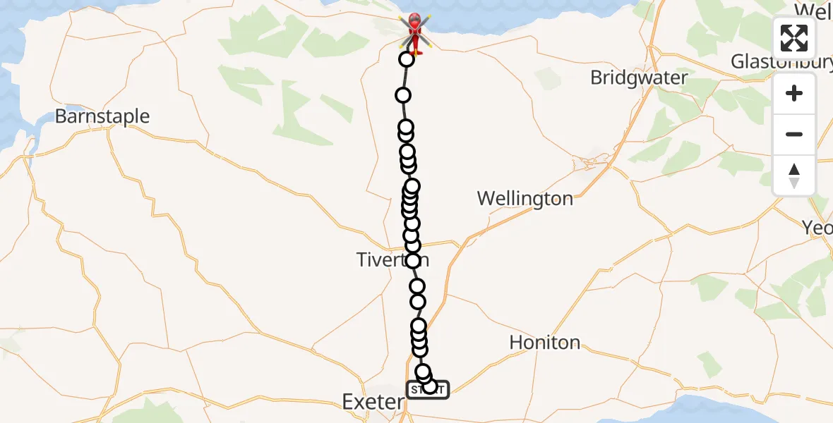 Flight path map showing Air Ambulance Helicopter route from Exeter International Airport to Dunster