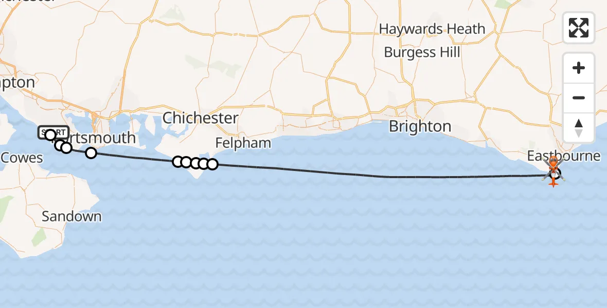 Flight path map showing Coastguard Helicopter route from Solent Airport to Eastbourne