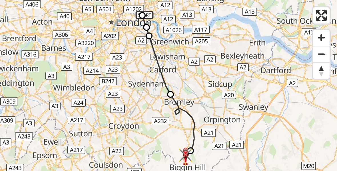 Flight path map showing Air Ambulance Helicopter route from Royal London Hospital to London Biggin Hill Airport