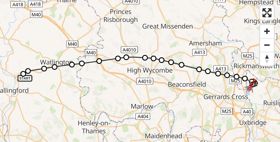 Flight path map showing Air Ambulance Helicopter route from RAF Benson to Harefield Hospital