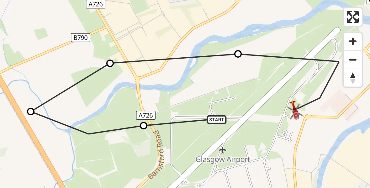 Flight path map showing Air Ambulance Helicopter route from Glasgow Airport to Glasgow Airport