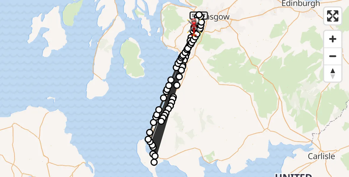 Flight path map showing Air Ambulance Helicopter route from Glasgow Airport to Shillford