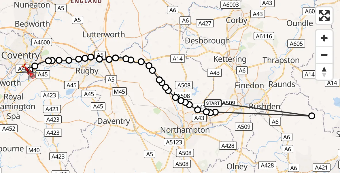 Flight path map showing Air Ambulance Helicopter route from Sywell Aerodrome to Coventry Airport