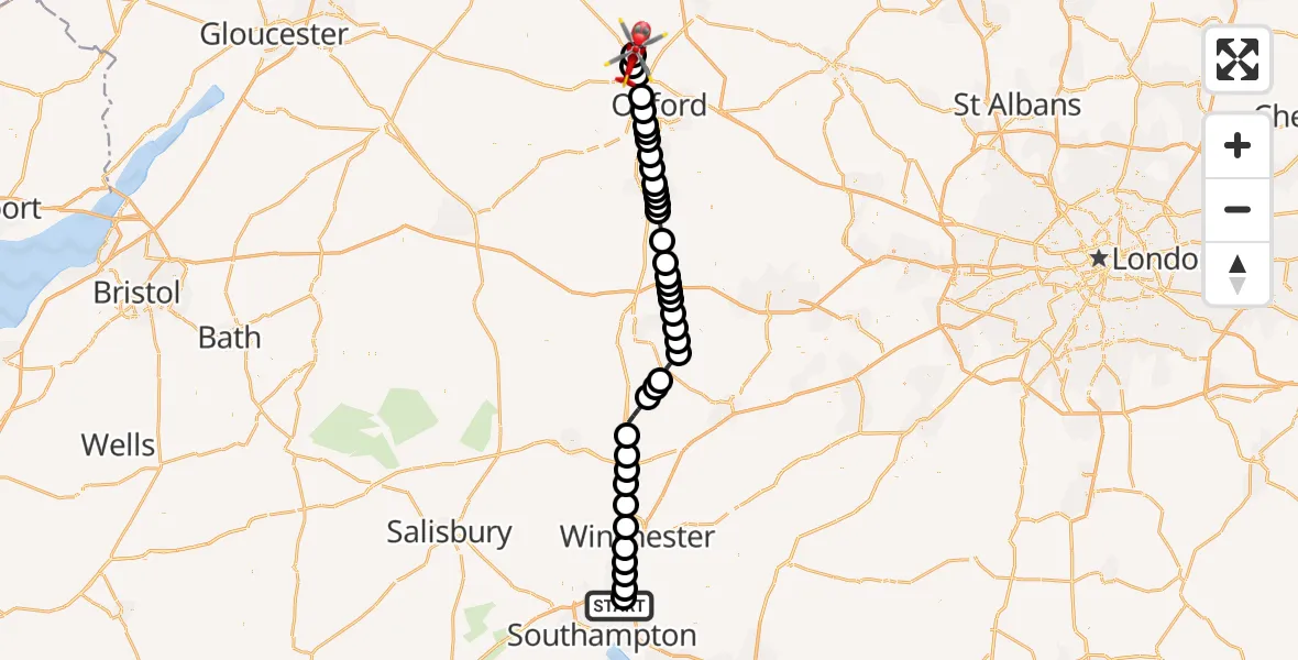 Flight path map showing Air Ambulance Helicopter route from Southampton Airport to London Oxford Airport