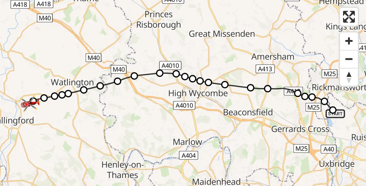 Flight path map showing Air Ambulance Helicopter route from Harefield Hospital to RAF Benson
