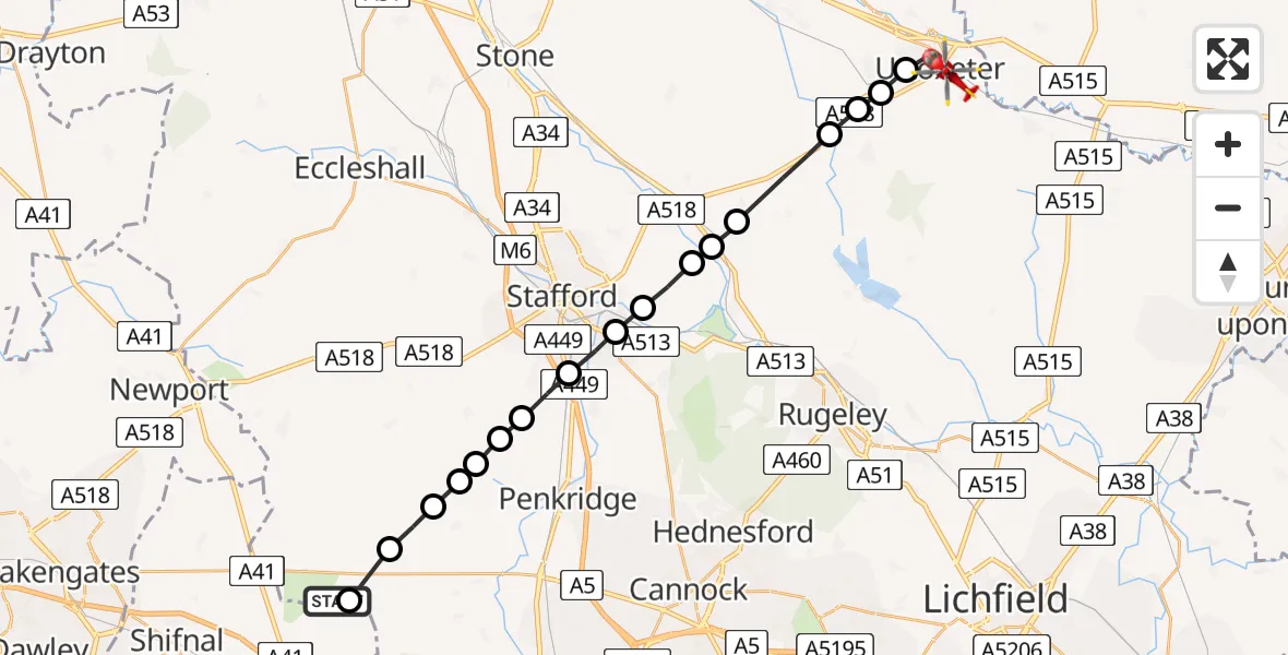 Flight path map showing Air Ambulance Helicopter route from South Staffordshire to Uttoxeter