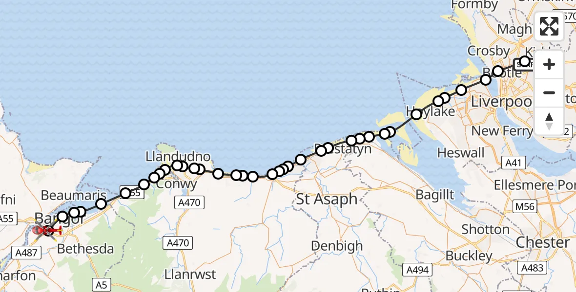 Flight path map showing Air Ambulance Helicopter route from Aintree University Hospital Heliport to Ysbyty Gwynedd Hospital Heliport
