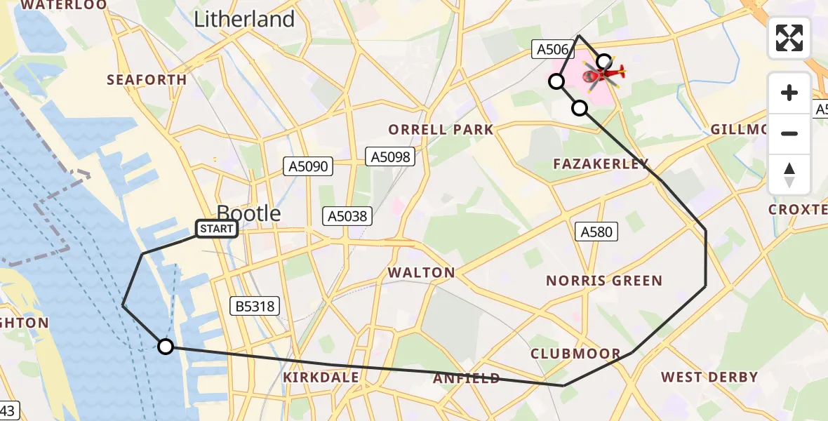 Flight path map showing Air Ambulance Helicopter route from Sefton to Aintree University Hospital Heliport