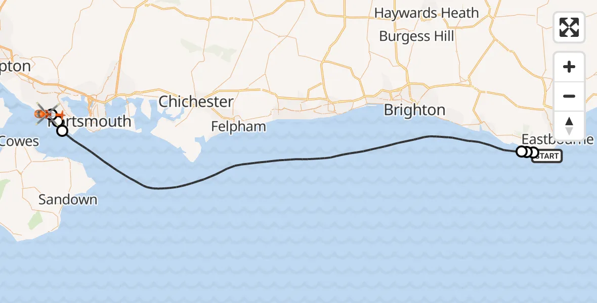 Flight path map showing Coastguard Helicopter route from Eastbourne to Solent Airport