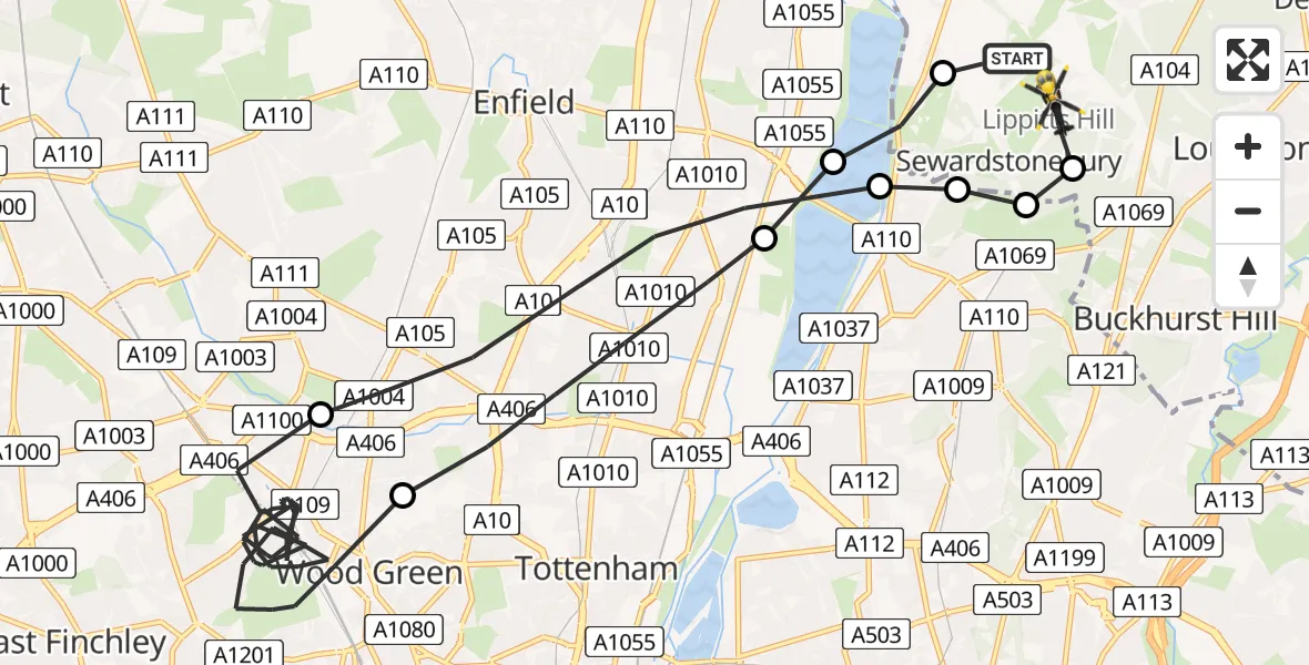 Routekaart van de vlucht: Police Helicopter to Sewardstonebury, Lippitts Hill