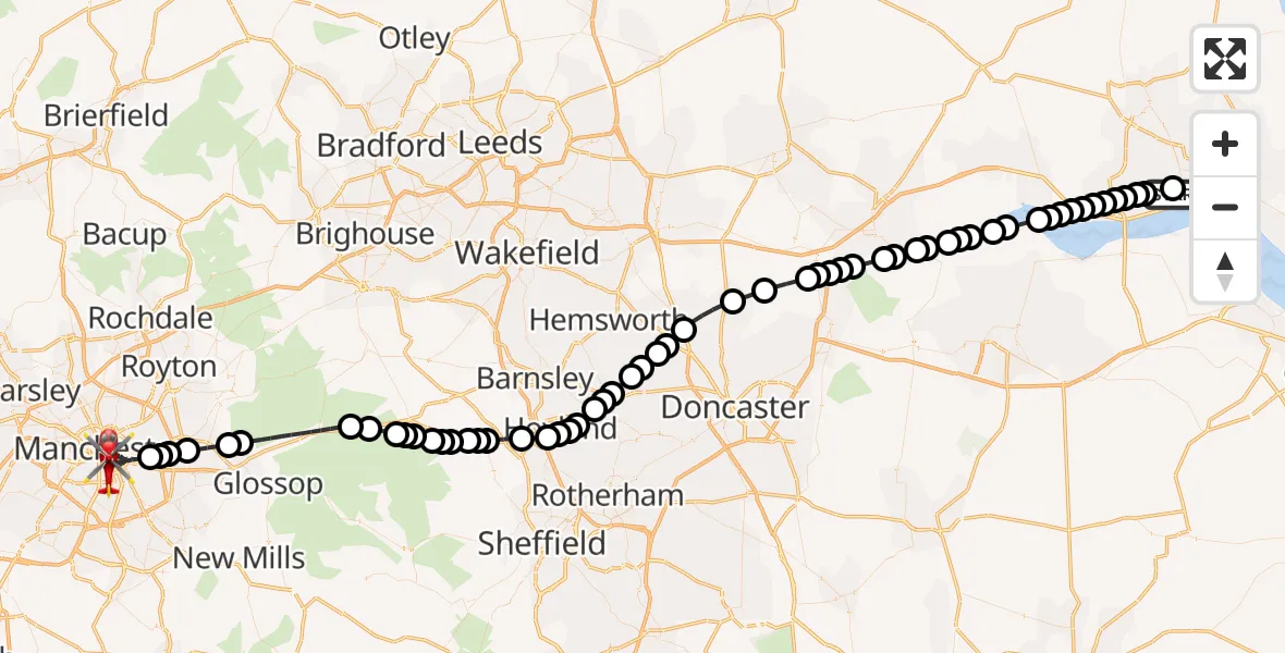 Flight path map showing Air Ambulance Helicopter route from Hull Royal Infirmary to Manchester