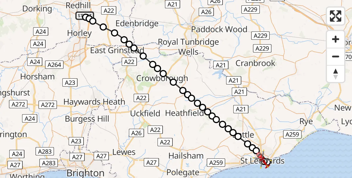 Flight path map showing Air Ambulance Helicopter route from Redhill Aerodrome to St Leonards