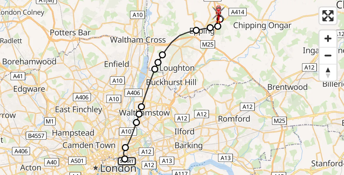 Flight path map showing Air Ambulance Helicopter route from Royal London Hospital to North Weald Airfield