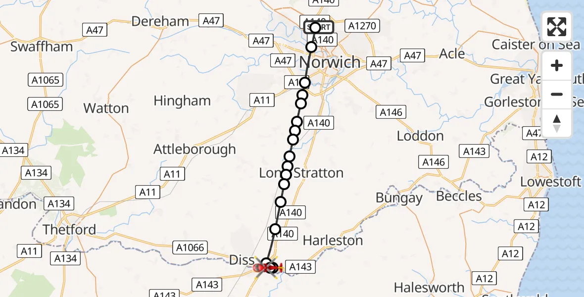 Flight path map showing Air Ambulance Helicopter route from Norwich Airport to Scole