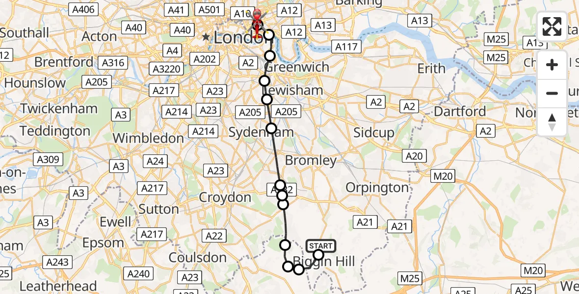 Flight path map showing Air Ambulance Helicopter route from London Biggin Hill Airport to Royal London Hospital