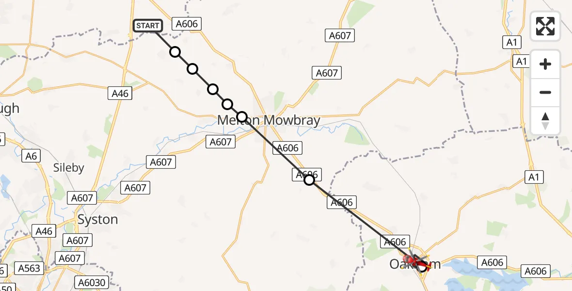 Flight path map showing Air Ambulance Helicopter route from Rushcliffe to Oakham