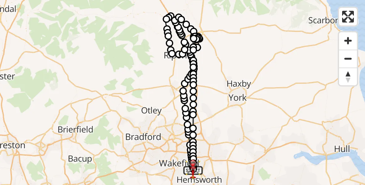 Flight path map showing Air Ambulance Helicopter route from YAA Nostell Helicopter Port to YAA Nostell Helicopter Port