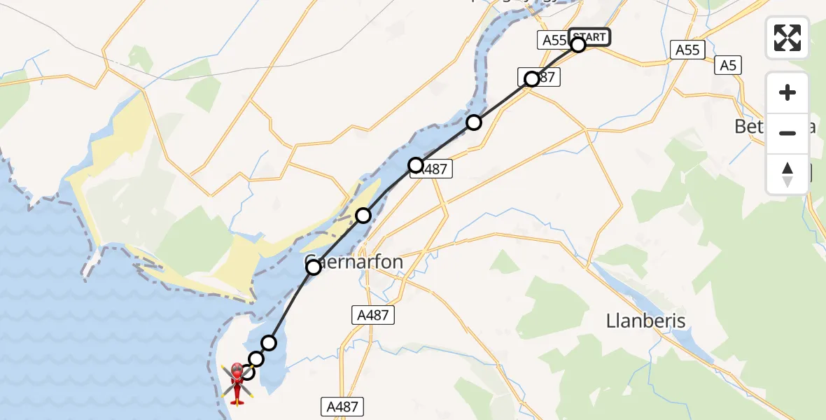 Flight path map showing Air Ambulance Helicopter route from Ysbyty Gwynedd Hospital Heliport to Caernarfon Airport