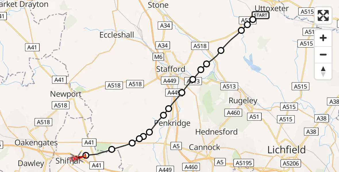 Flight path map showing Air Ambulance Helicopter route from Bramshall to Shifnal