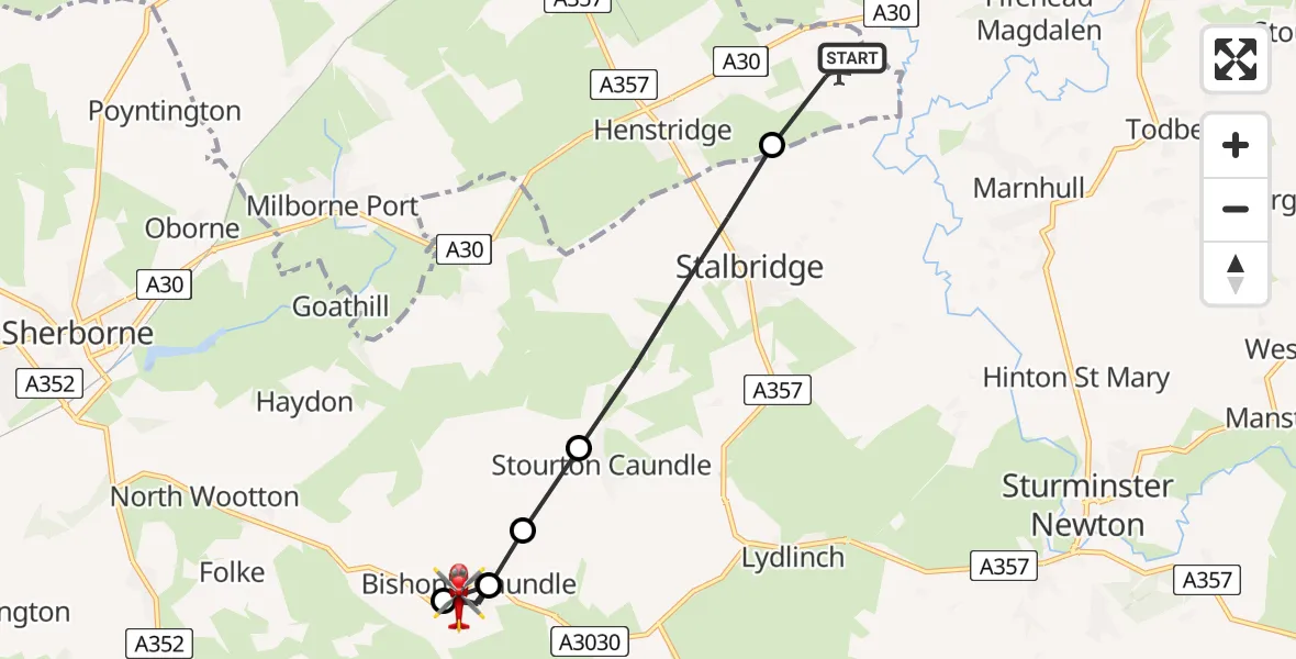 Flight path map showing Air Ambulance Helicopter route from Henstridge Airfield to Bishop's Caundle