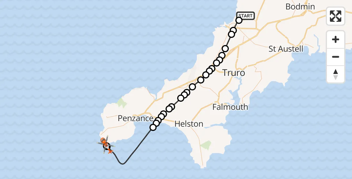 Flight path map showing Coastguard Helicopter route from Cornwall Airport Newquay to Porthcurno