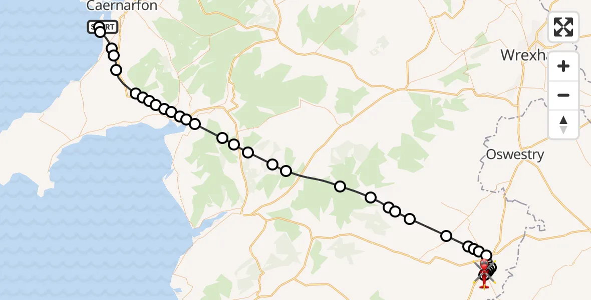 Flight path map showing Air Ambulance Helicopter route from Caernarfon Airport to Welshpool Airport