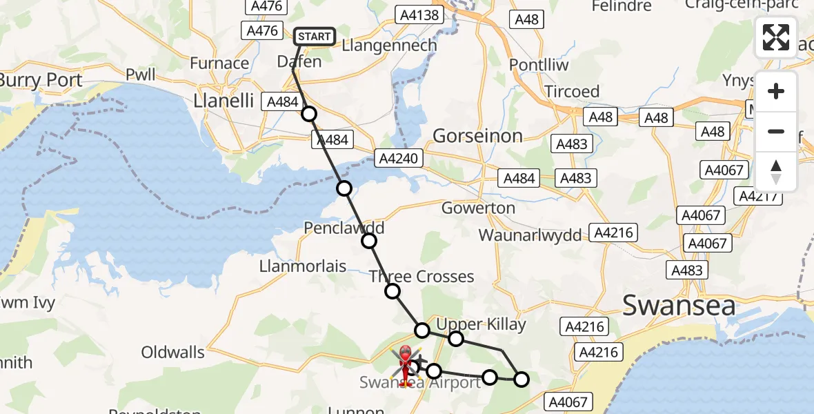 Flight path map showing Air Ambulance Helicopter route from Dafen to Swansea Airport