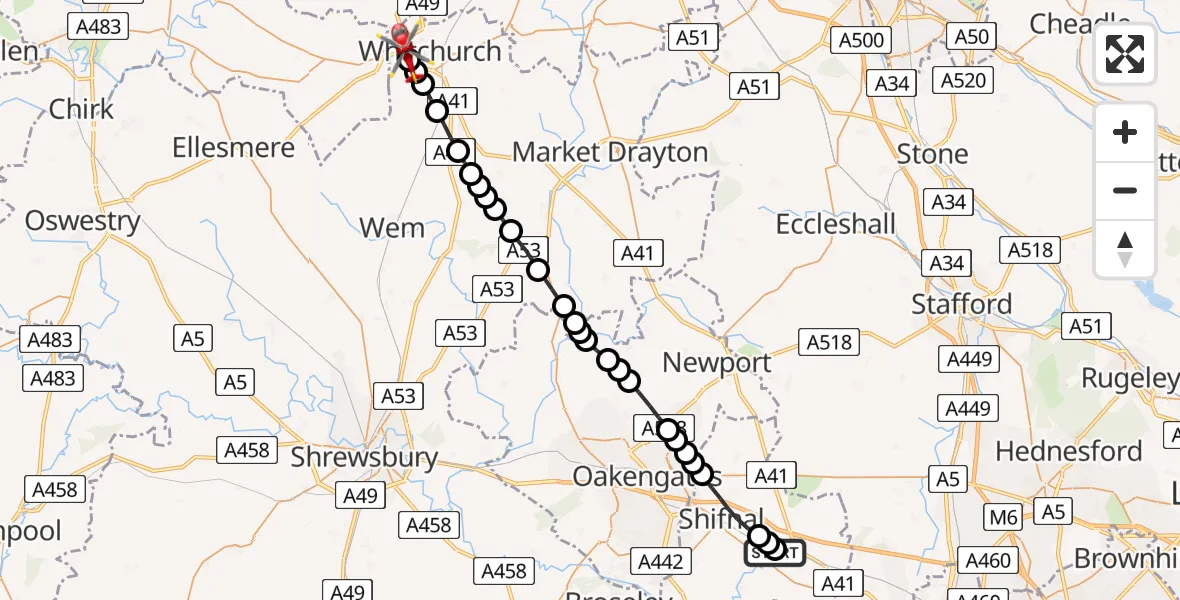 Flight path map showing Air Ambulance Helicopter route from RAF Cosford to Whitchurch