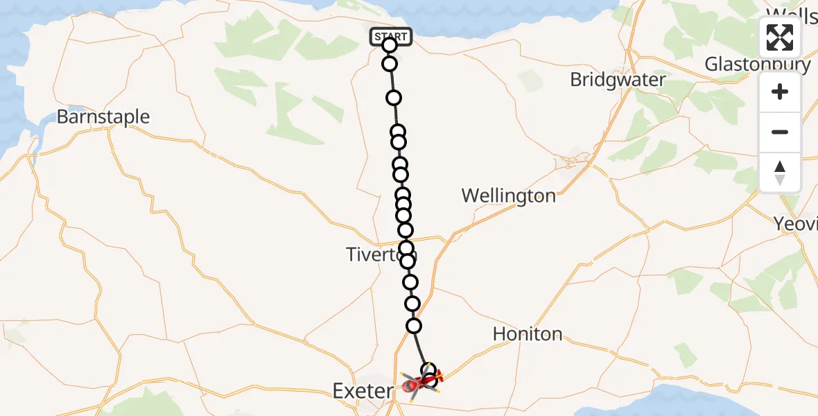 Flight path map showing Air Ambulance Helicopter route from Alcombe to Exeter International Airport