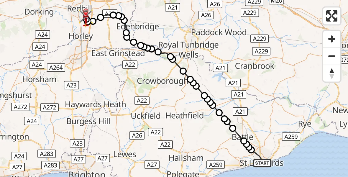Flight path map showing Air Ambulance Helicopter route from St Leonards to Redhill Aerodrome