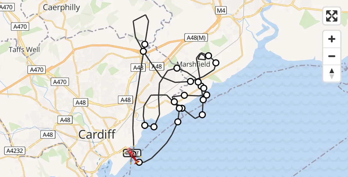 Flight path map showing Air Ambulance Helicopter route from Cardiff Heliport to Cardiff