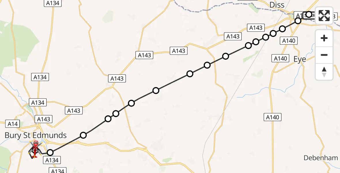 Routekaart van de vlucht: Air Ambulance Helicopter to West Suffolk Hospital