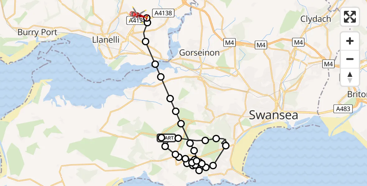 Flight path map showing Air Ambulance Helicopter route from Lunnon to Dafen