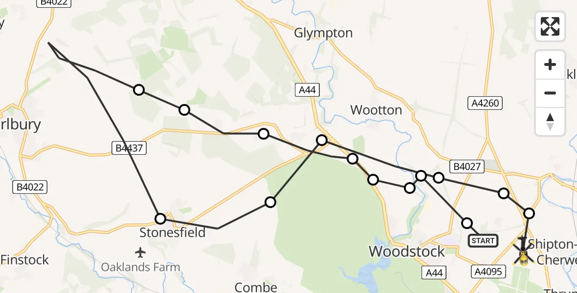 Flight path map showing Police Helicopter route from Cherwell to Shipton-on-Cherwell