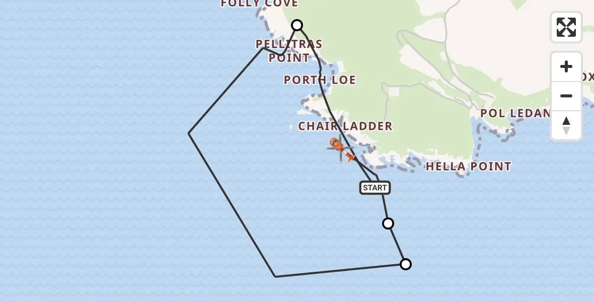 Flight path map showing Coastguard Helicopter route from Porthcurno to Porthcurno