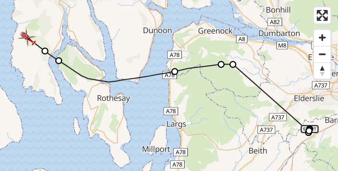 Flight path map showing Air Ambulance Helicopter route from Shillford to Inner Seas