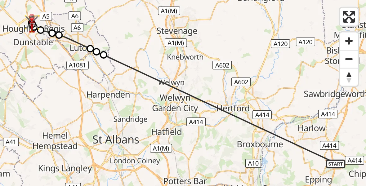 Flight path map showing Air Ambulance Helicopter route from North Weald Airfield to Dunstable