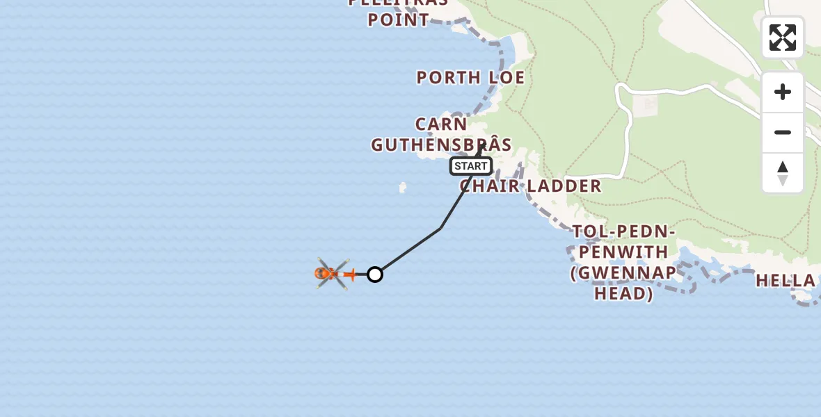 Flight path map showing Coastguard Helicopter route from Porthcurno to St. Levan