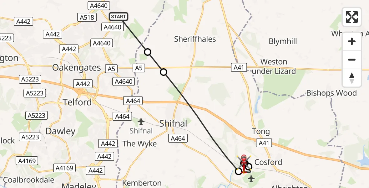 Flight path map showing Air Ambulance Helicopter route from Muxton to Cosford