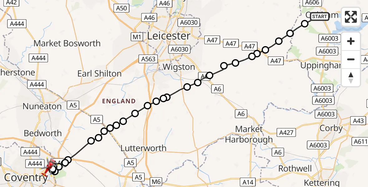 Flight path map showing Air Ambulance Helicopter route from Oakham to Coventry