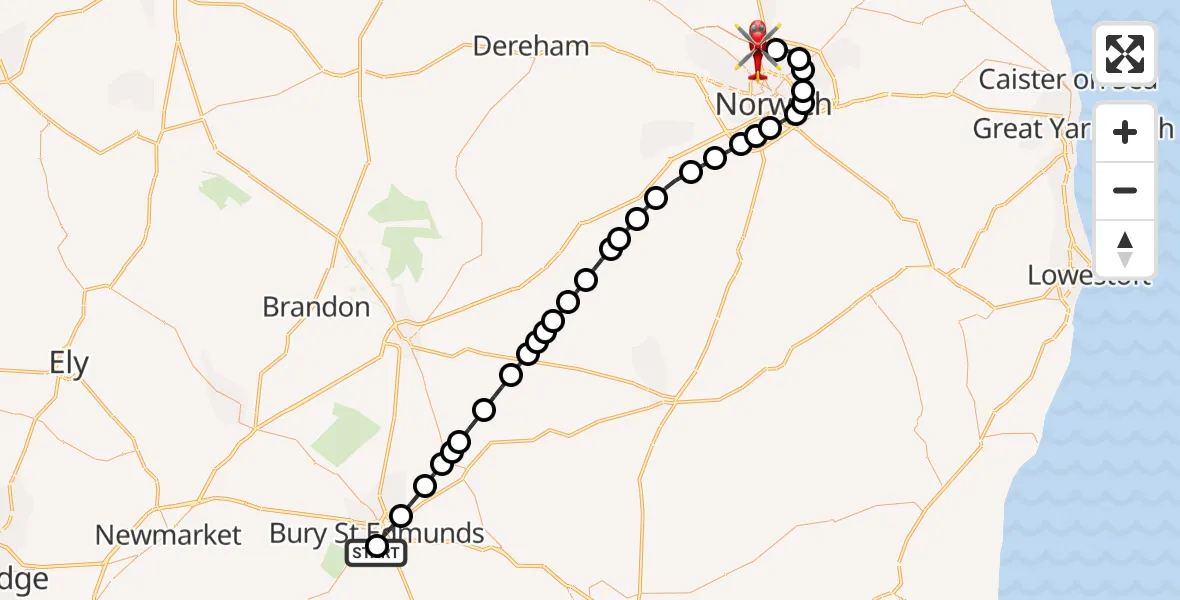 Flight path map showing Air Ambulance Helicopter route from West Suffolk Hospital to Norwich Airport