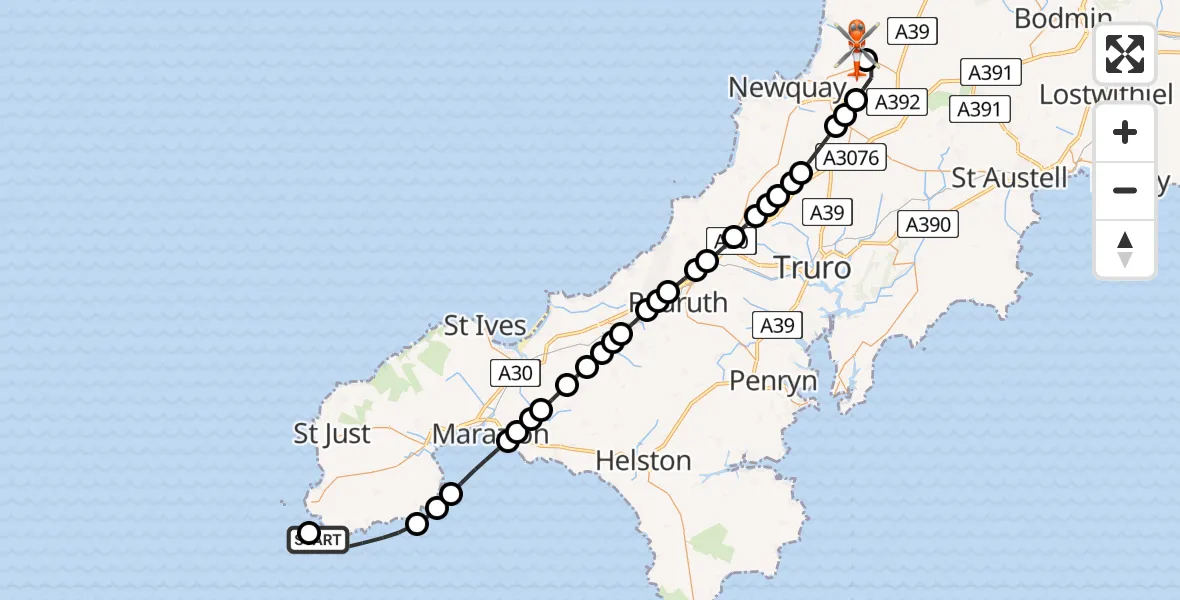 Flight path map showing Coastguard Helicopter route from St. Levan to Cornwall Airport Newquay