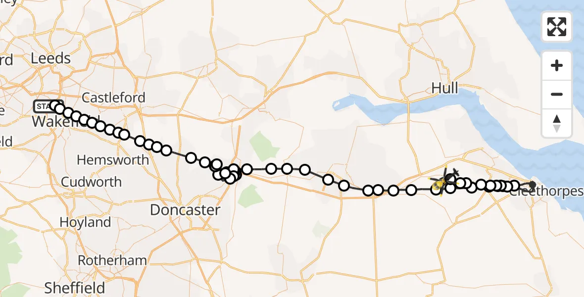 Flight path map showing Police Helicopter route from East Ardsley to Great Limber CP