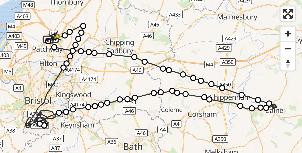 Flight path map showing Police Helicopter route from Almondsbury Helicopter Base to Almondsbury Helicopter Base