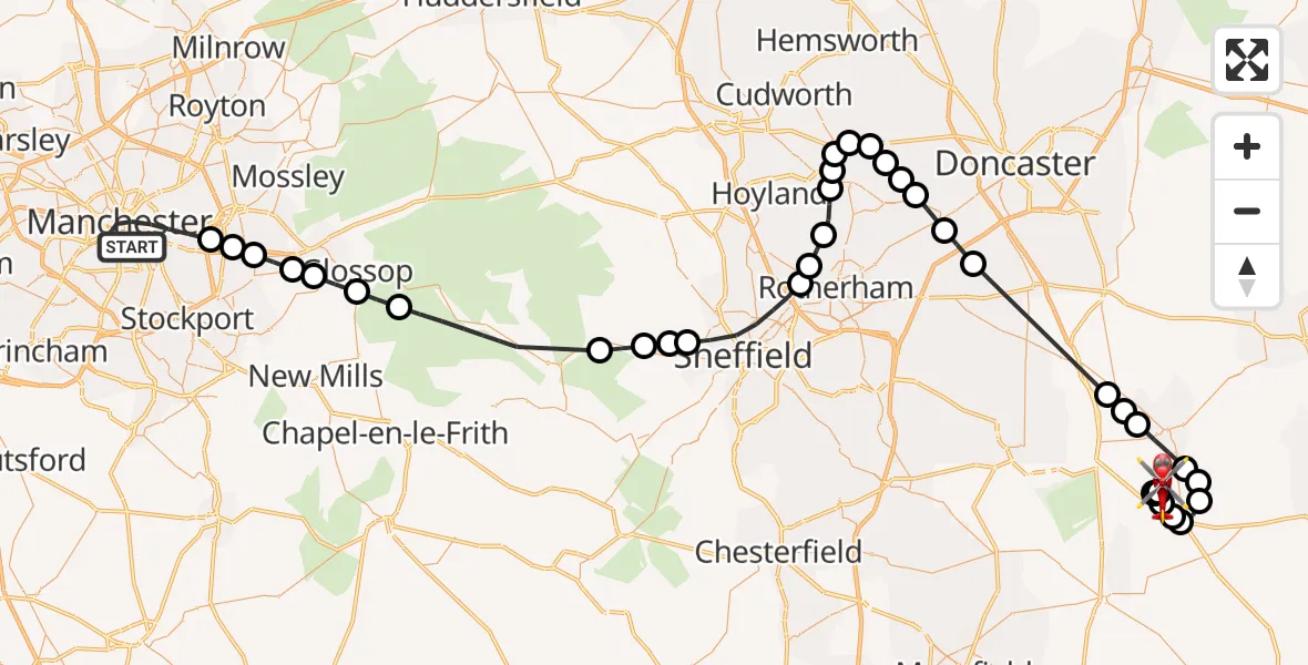 Flight path map showing Air Ambulance Helicopter route from Manchester to Retford Gamston Airport