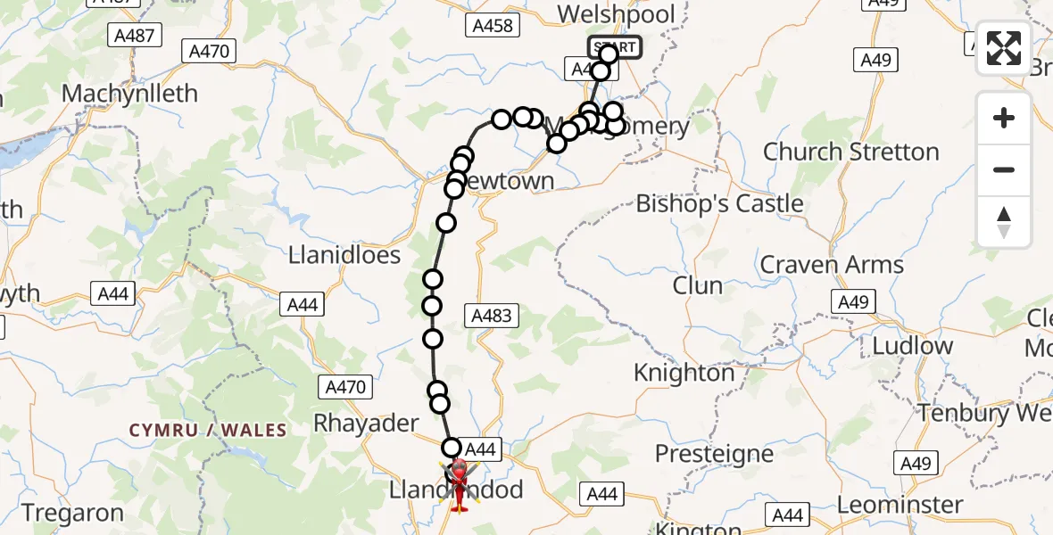 Flight path map showing Air Ambulance Helicopter route from Welshpool Airport to Llandrindod