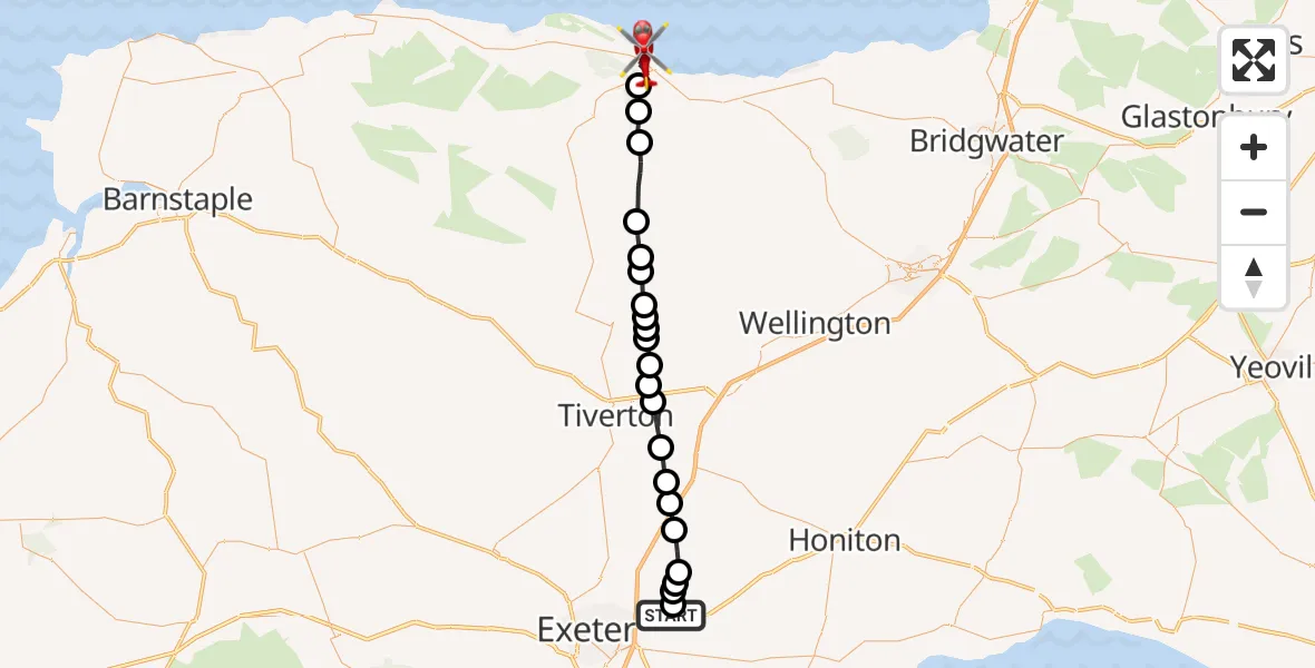 Flight path map showing Air Ambulance Helicopter route from Exeter International Airport to Dunster