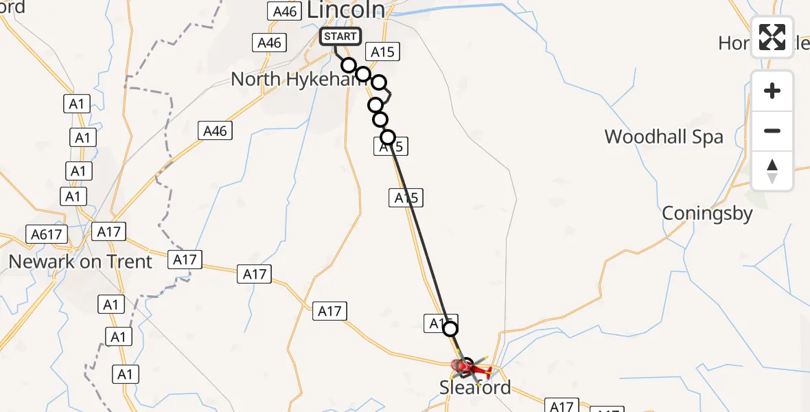 Flight path map showing Air Ambulance Helicopter route from Bracebridge to Sleaford